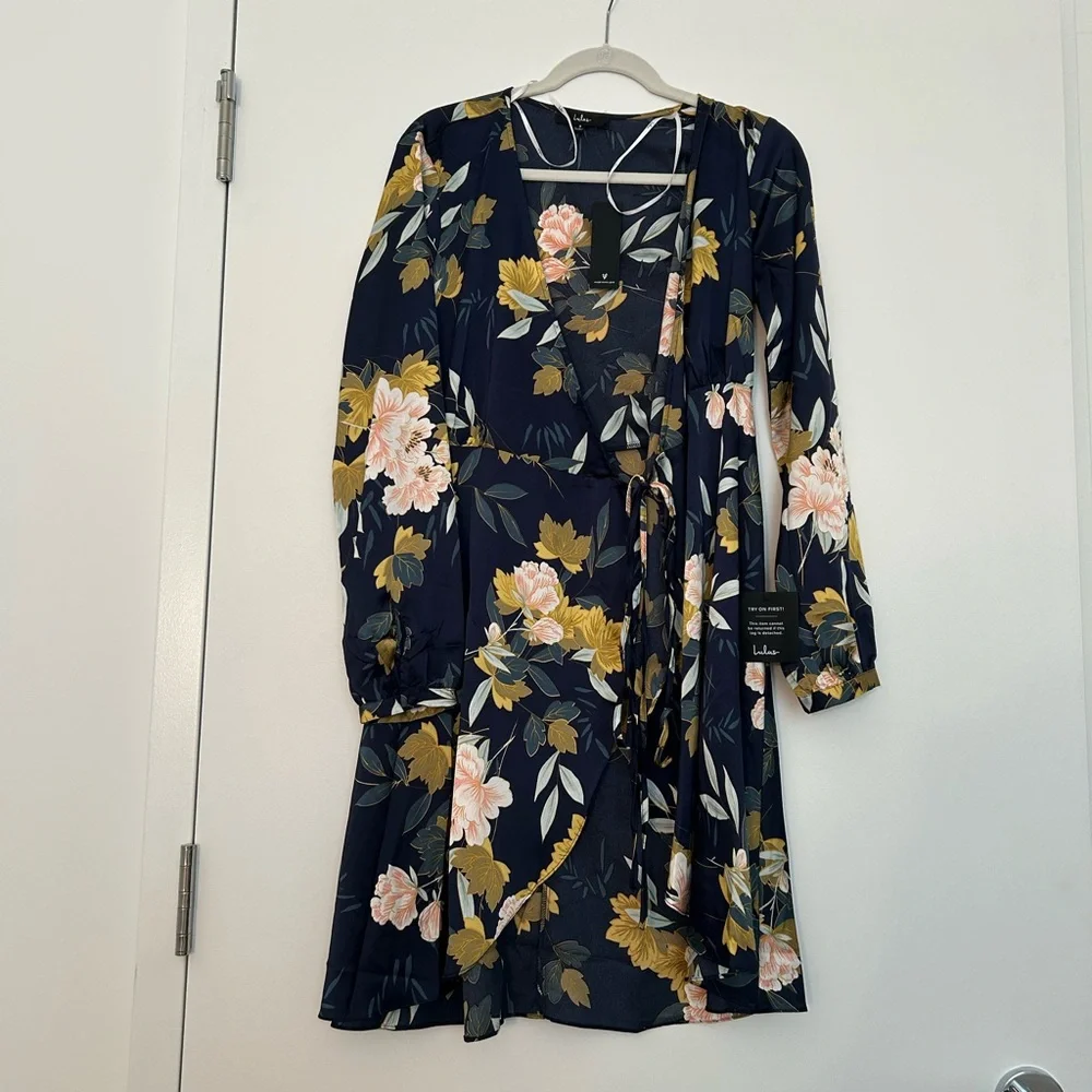 Lulu's Elegant Navy Floral Satin Dress - Picture 3 of 5